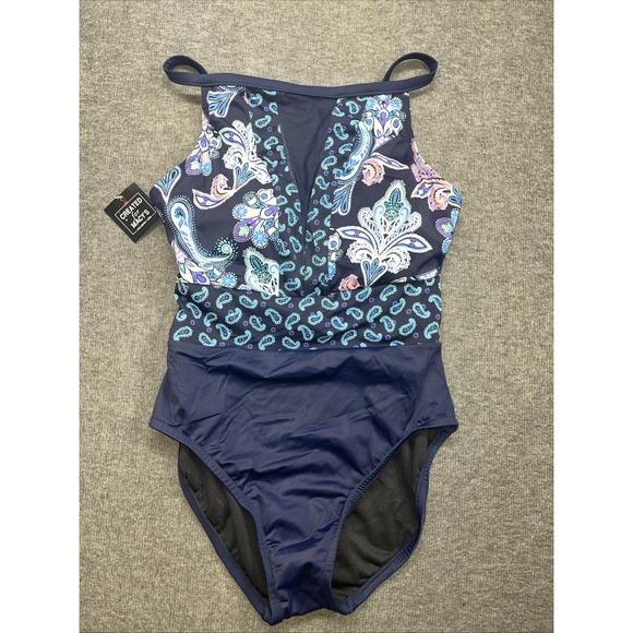 Swim Solutions High-Neck Mesh One-Piece Swimsuit Blue Multicolor 8 MSRP: $99 - Picture 1 of 5